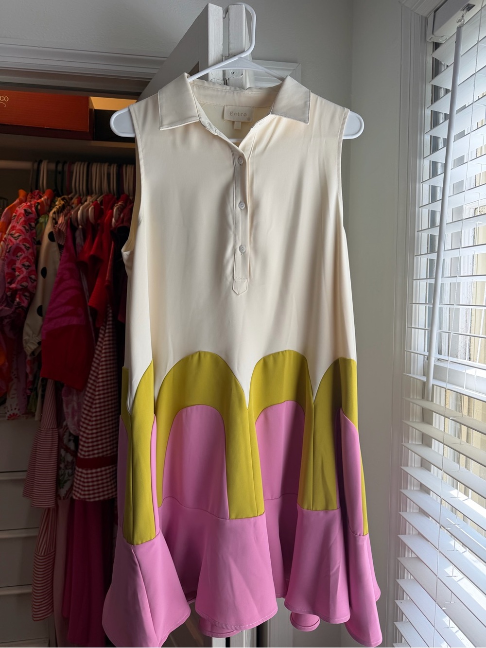 entro Cream Colorblock Sleeveless Polo Dress with Pink & Lime Accents
